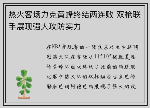 热火客场力克黄蜂终结两连败 双枪联手展现强大攻防实力