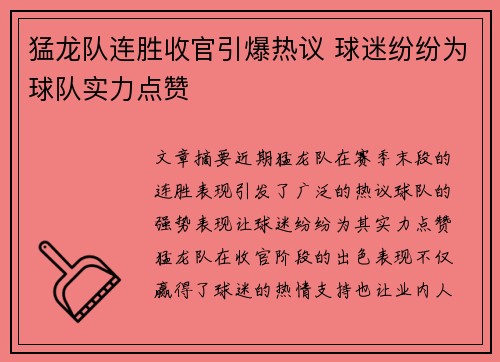 猛龙队连胜收官引爆热议 球迷纷纷为球队实力点赞