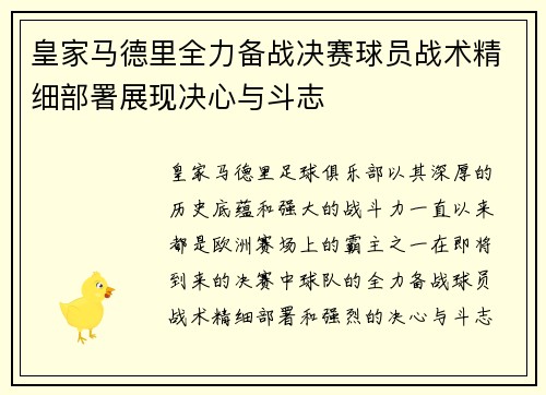 皇家马德里全力备战决赛球员战术精细部署展现决心与斗志 皇家马德里全力备战决赛球员战术精细部署展现决心与斗志