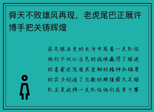 舜天不败雄风再现,老虎尾巴正展许博手把关铸辉煌 舜天不败雄风再现,老虎尾巴正展许博手把关铸辉煌