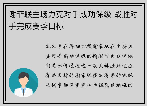 谢菲联主场力克对手成功保级 战胜对手完成赛季目标