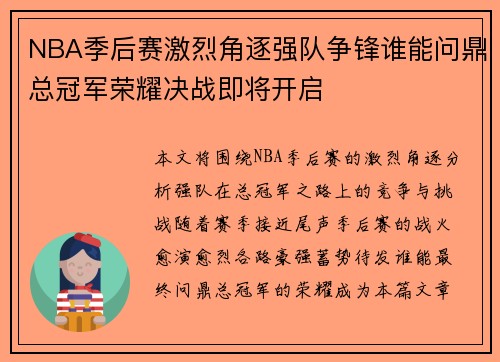 NBA季后赛激烈角逐强队争锋谁能问鼎总冠军荣耀决战即将开启