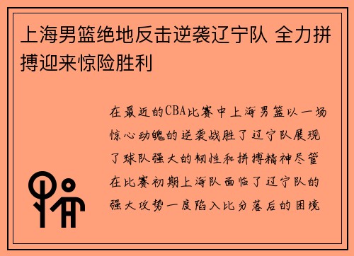 上海男篮绝地反击逆袭辽宁队 全力拼搏迎来惊险胜利